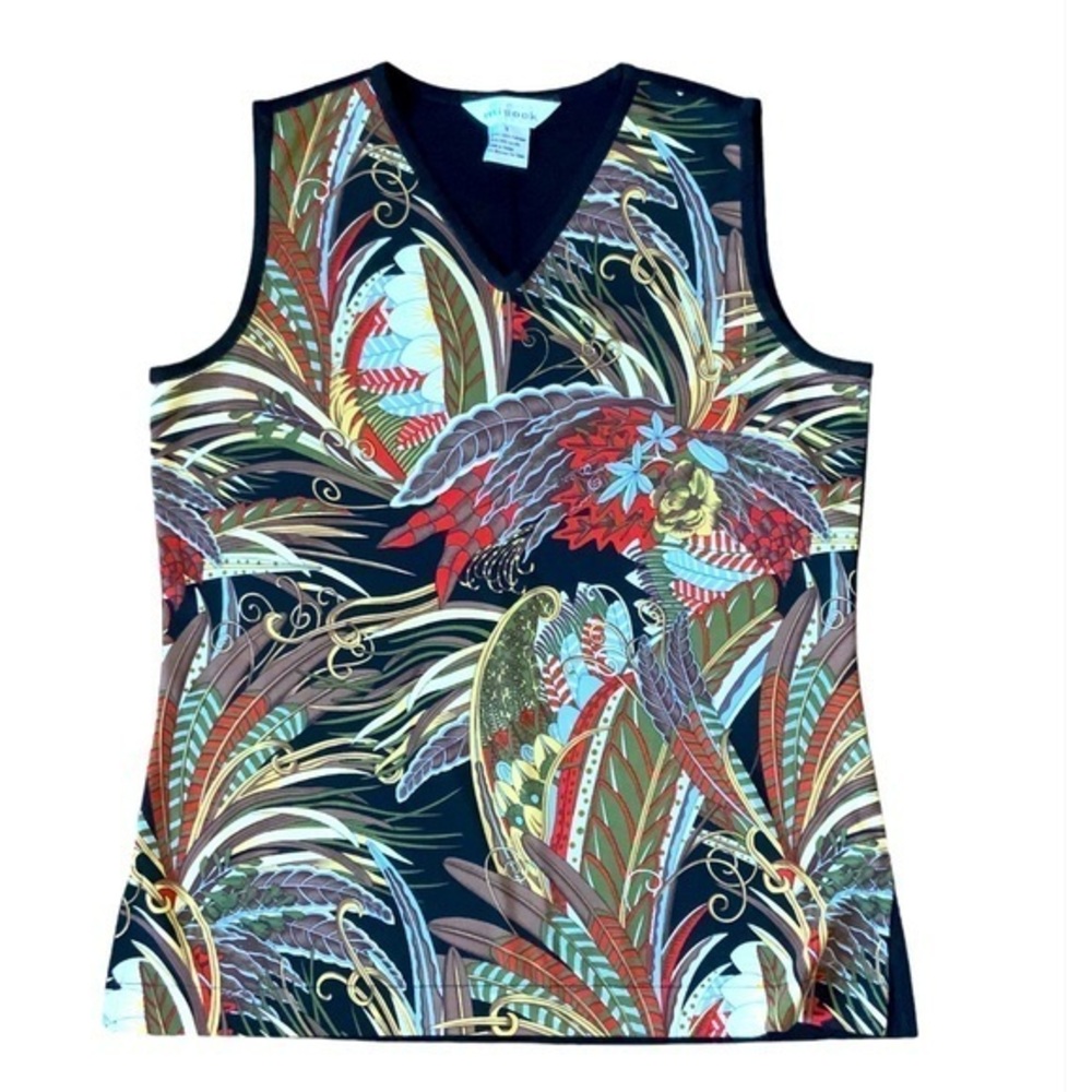 Misook Sleeveless V-Neck Blouse with Leaf and Floral Design Black, Red, Brown